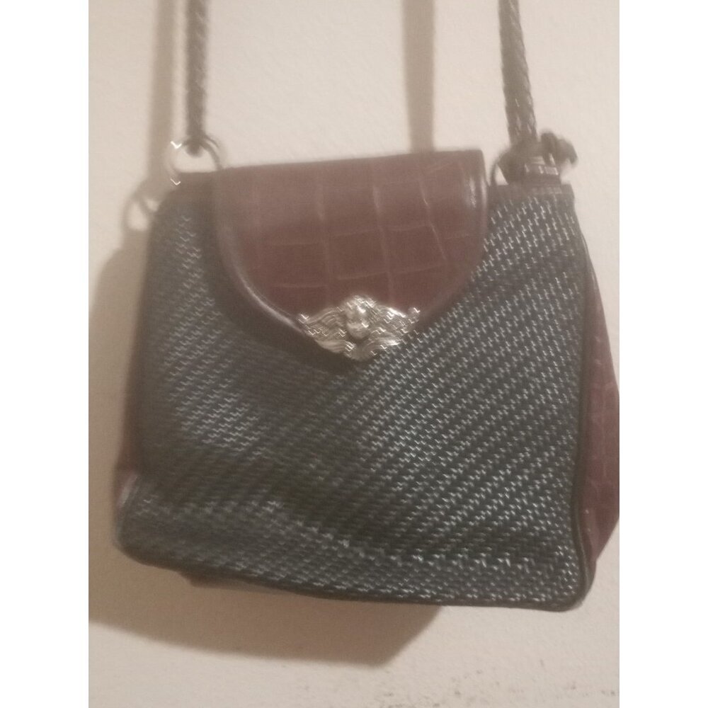 Vintage Brighton Black Brown Leather Woven Croc Medium M Crossbody Shouldbag - Picture 2 of 12